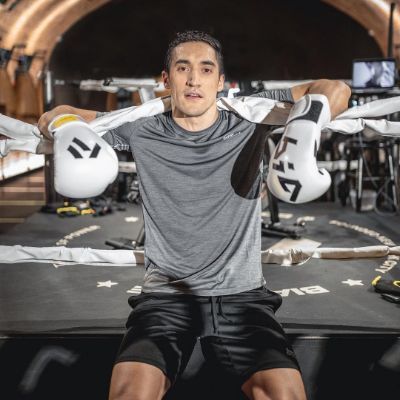 Keahu Kahuanui posing for a photo shoot after doing a boxing workout. 